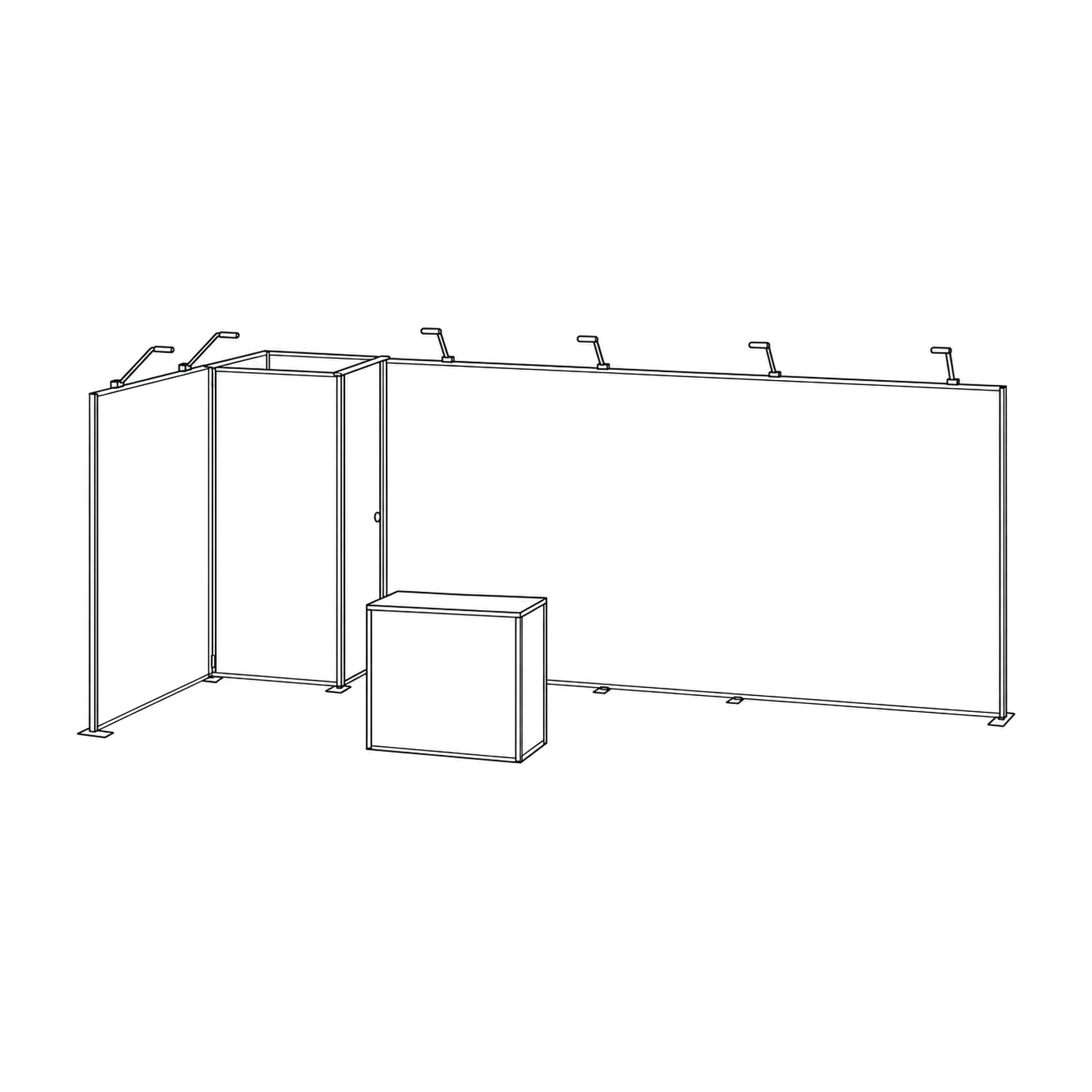 18m² Fastframe Modular Exhibition Stand with Storeroom and Counter line drawing