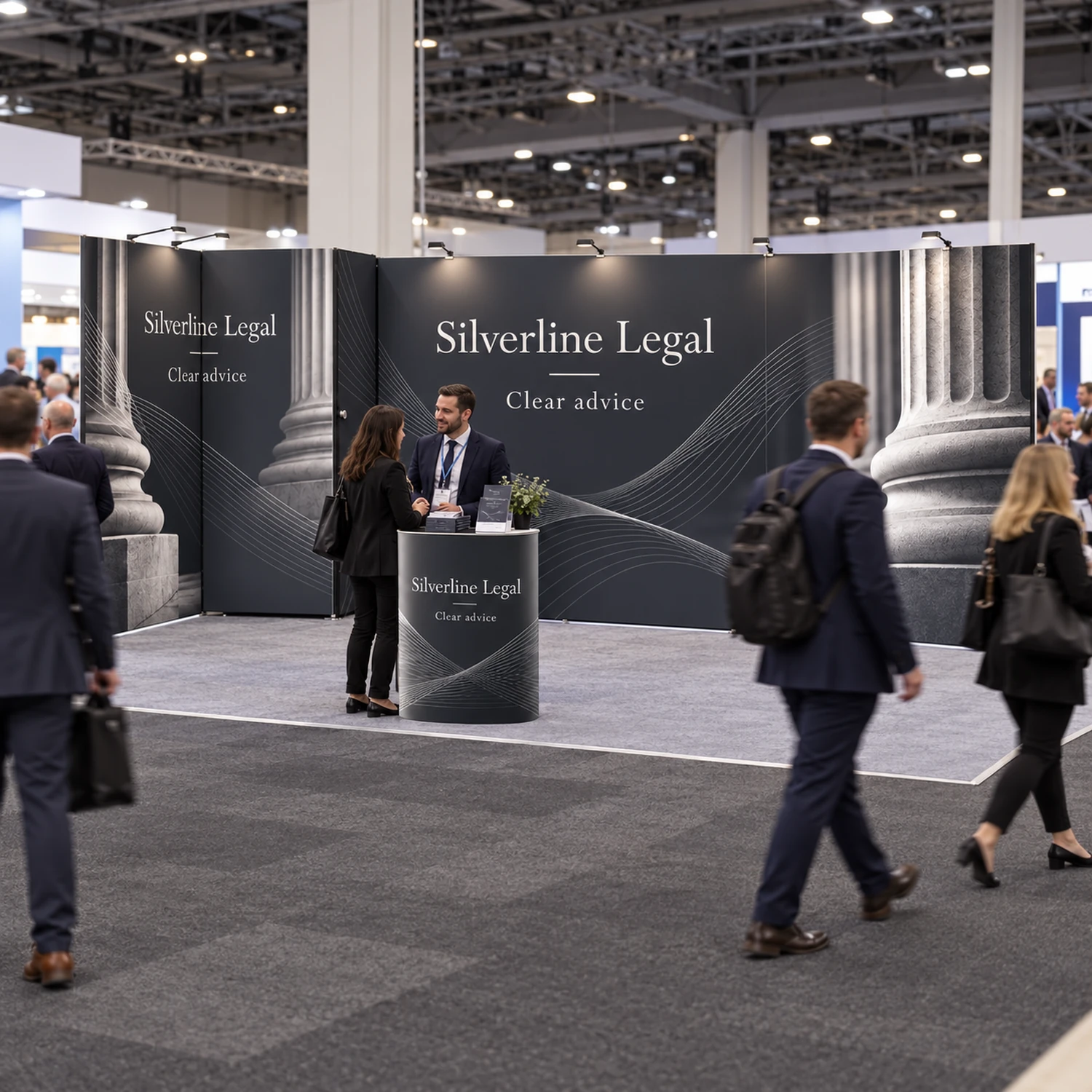 18m² Modulate Modular Exhibition Stand with Storeroom and Counter in use at an event