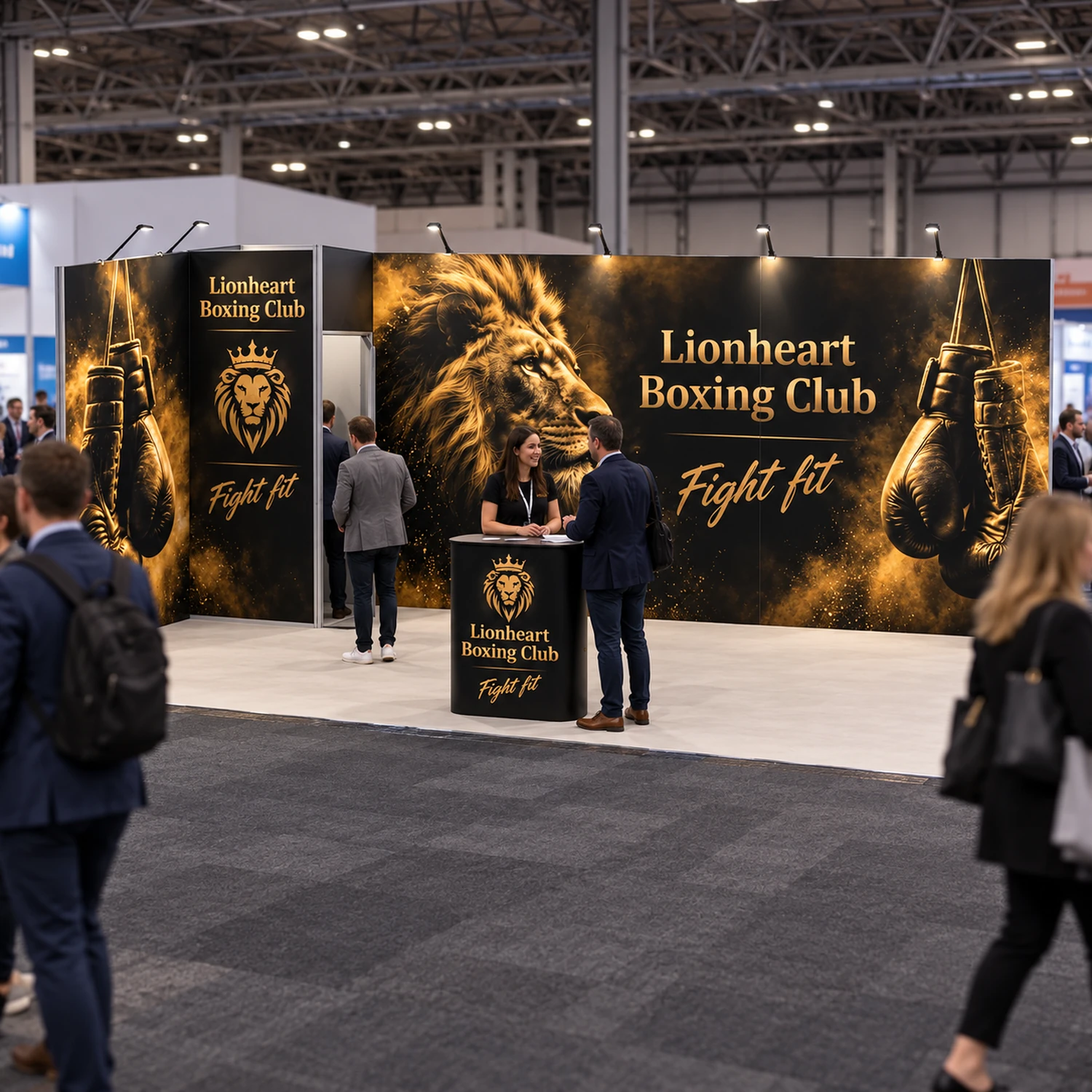 18m² Vector Modular Exhibition Stand with Storeroom and Counter in use at an event