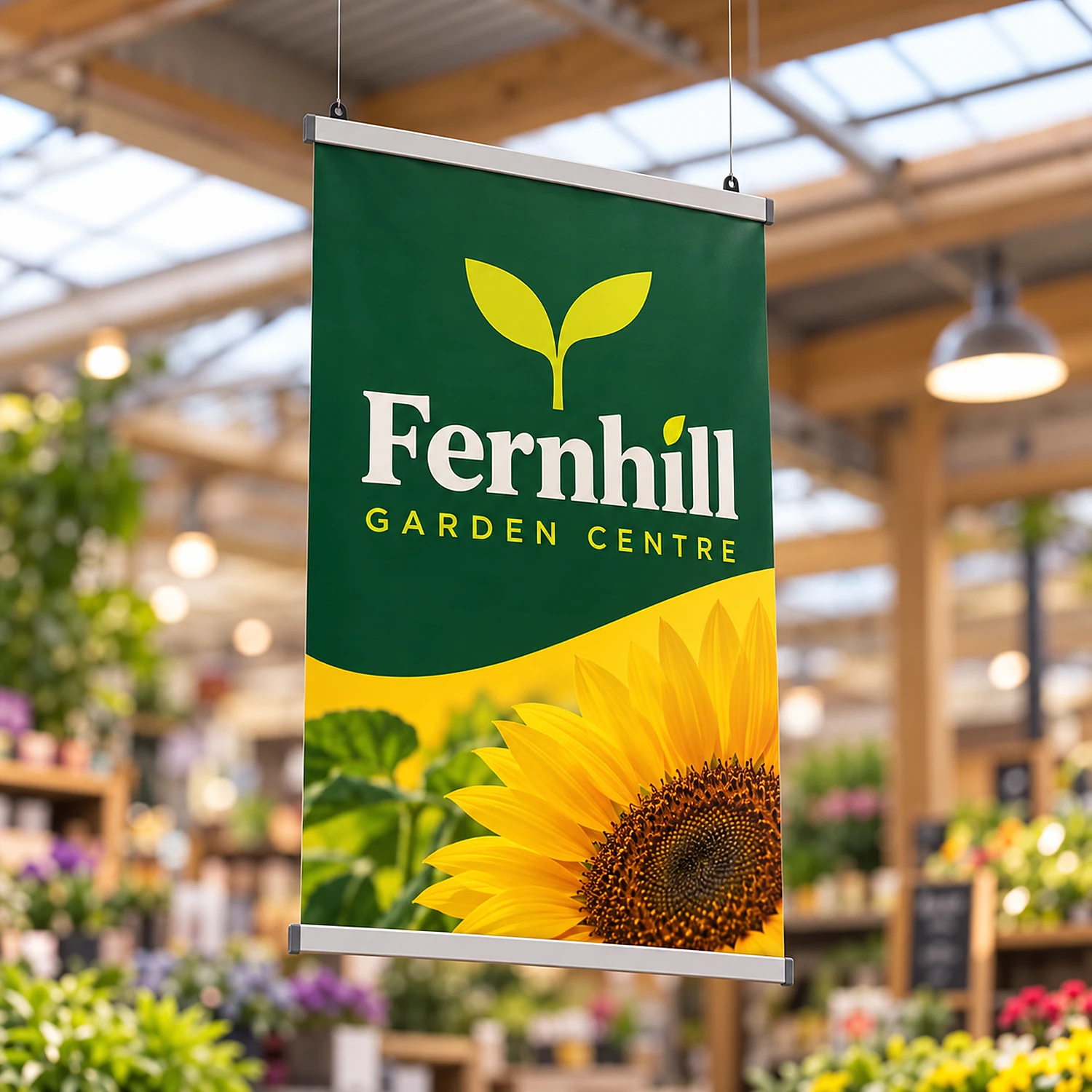 1m poster hanging rail set holding a poster above a garden centre aisle
