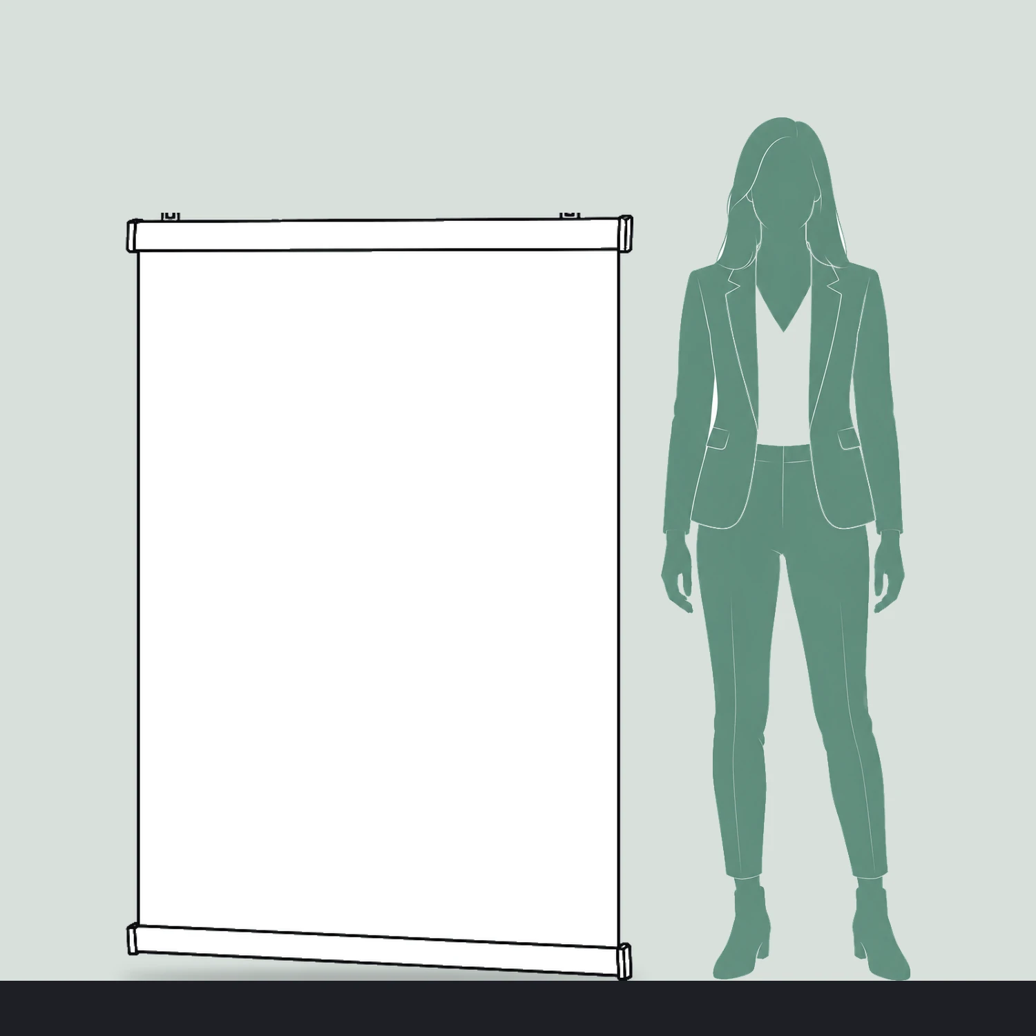 1m poster hanging rail set size compared with a person