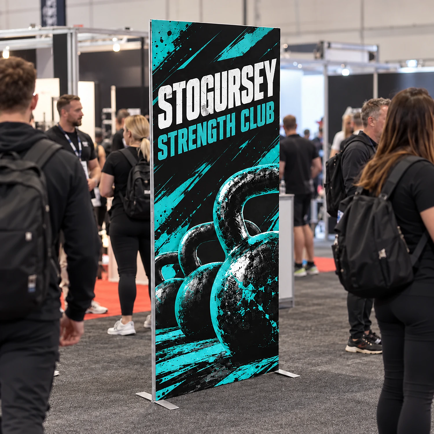 1m x 2.5m Fastframe SEG Fabric Frame, shown with example artwork