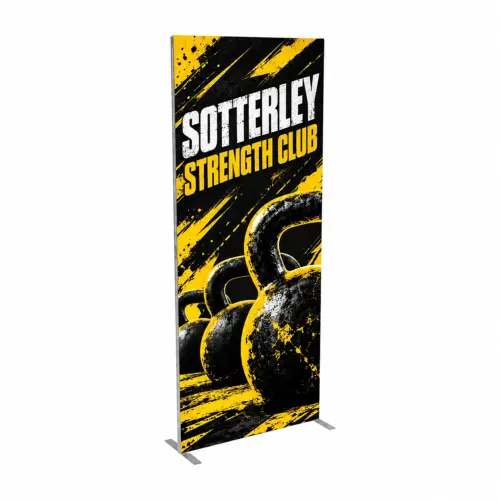 1m x 2.5m Fastframe SEG Fabric Frame, shown with example artwork
