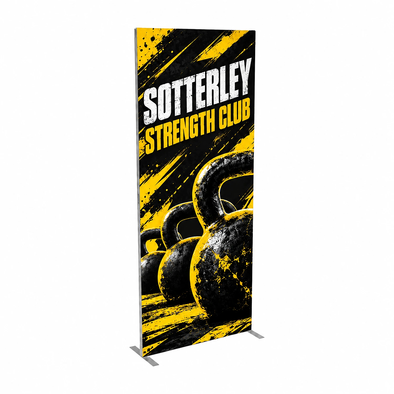 1m x 2.5m Fastframe SEG Fabric Frame, shown with example artwork