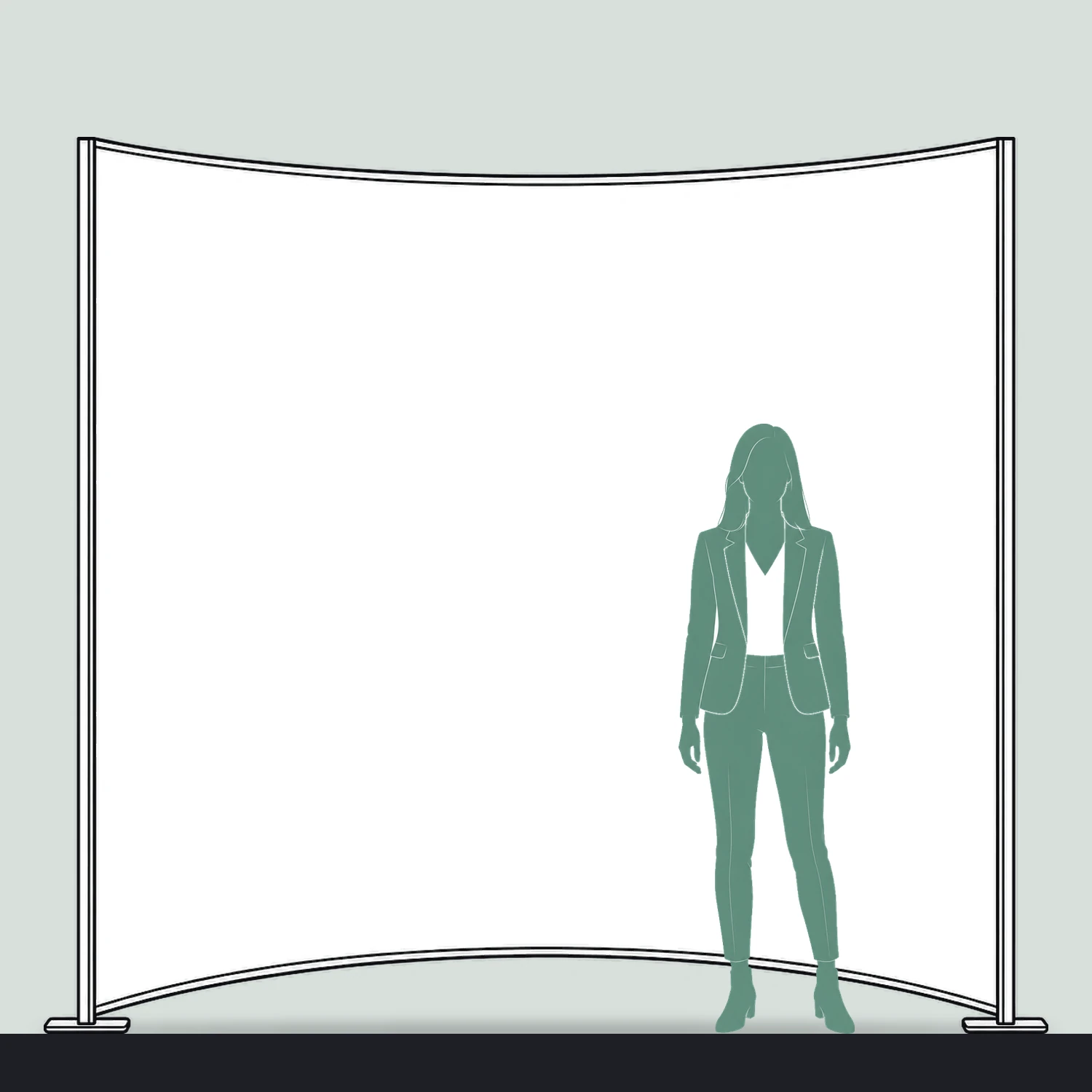2.8m x 2.5m Vector Curved SEG Fabric Wall Module size compared with a person