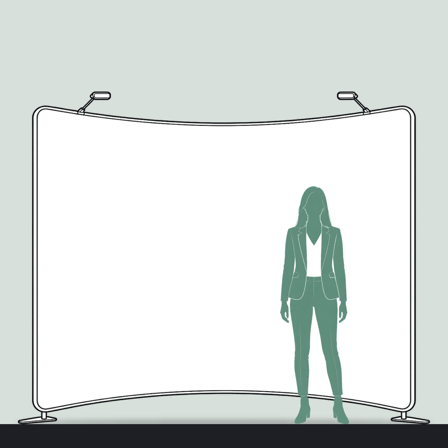 2.95m Formulate Curved Fabric Display Wall size compared with a person