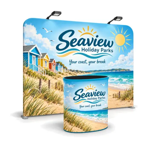 2.95m Formulate Fabric Wall Kit with Oval Counter and Lights with example artwork