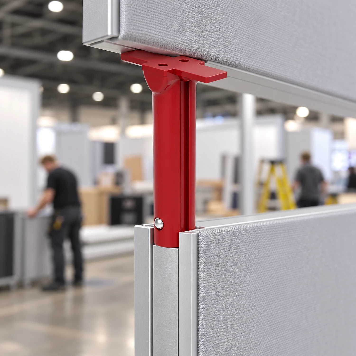 Red 2-way connector joining a header frame to the frame below