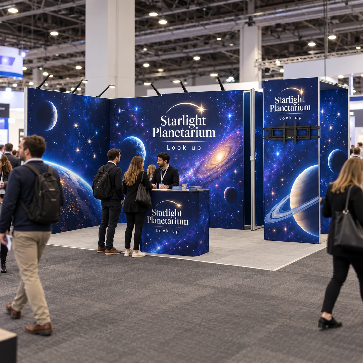 24m² Fastframe Modular Exhibition Stand with Storeroom, Screen Mount and Counter in use at an event