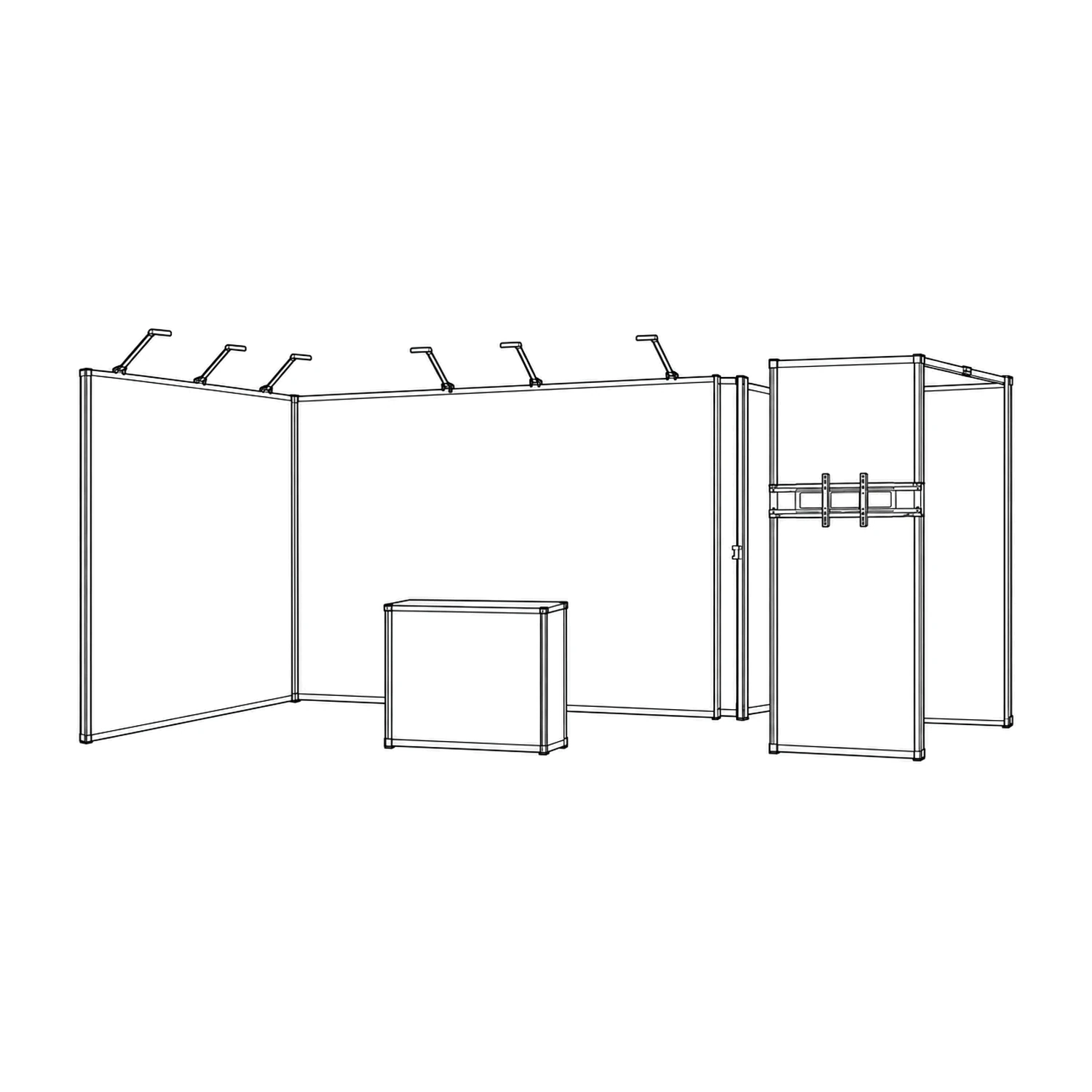 24m² Fastframe Modular Exhibition Stand with Storeroom, Screen Mount and Counter line drawing
