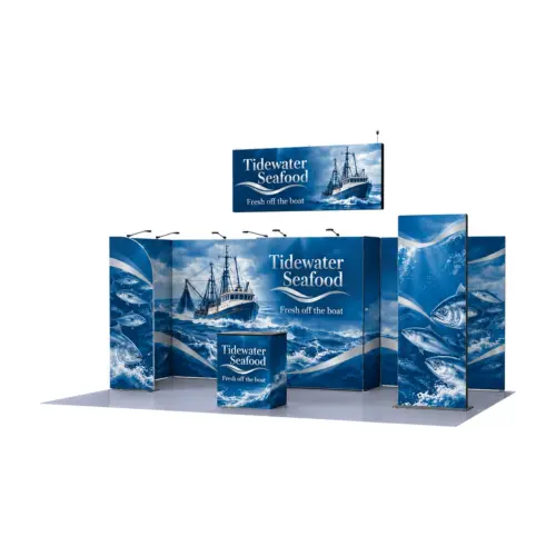 24m² Modulate Modular Exhibition Stand with Storeroom, Lightbox and Counter with example artwork