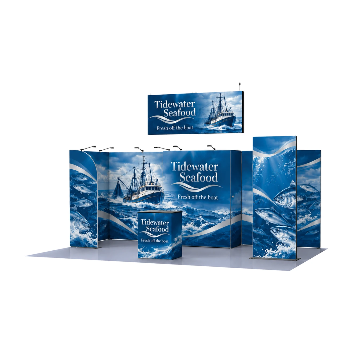 24m² Modulate Modular Exhibition Stand with Storeroom, Lightbox and Counter with example artwork