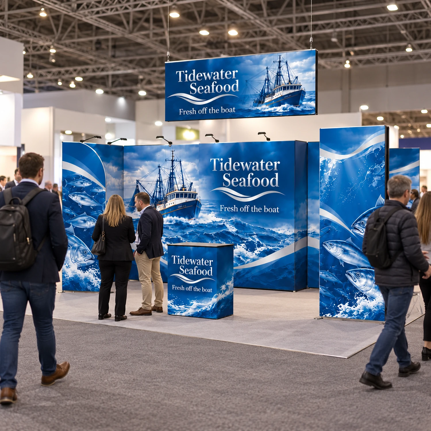 24m² Modulate Modular Exhibition Stand with Storeroom, Lightbox and Counter in use at an event