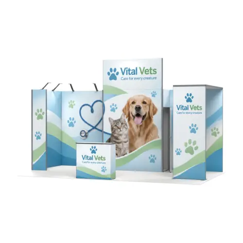 24m² Vector Modular Exhibition Stand with Storeroom, Lightbox and Counter with example artwork