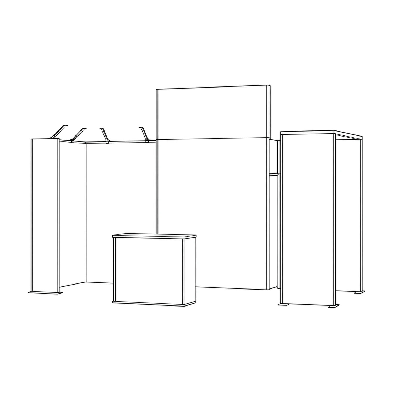 24m² Vector Modular Exhibition Stand with Storeroom, Lightbox and Counter line drawing