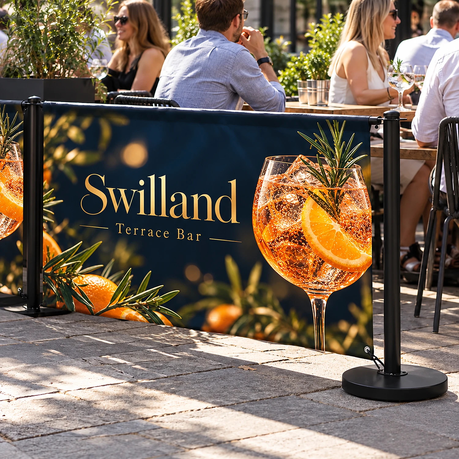 2m Economy Cafe Barrier Extension Kit with Fabric Banner - Double-Sided, shown with example artwork
