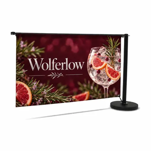 2m Economy Cafe Barrier Extension Kit with Fabric Banner - Double-Sided, shown with example artwork