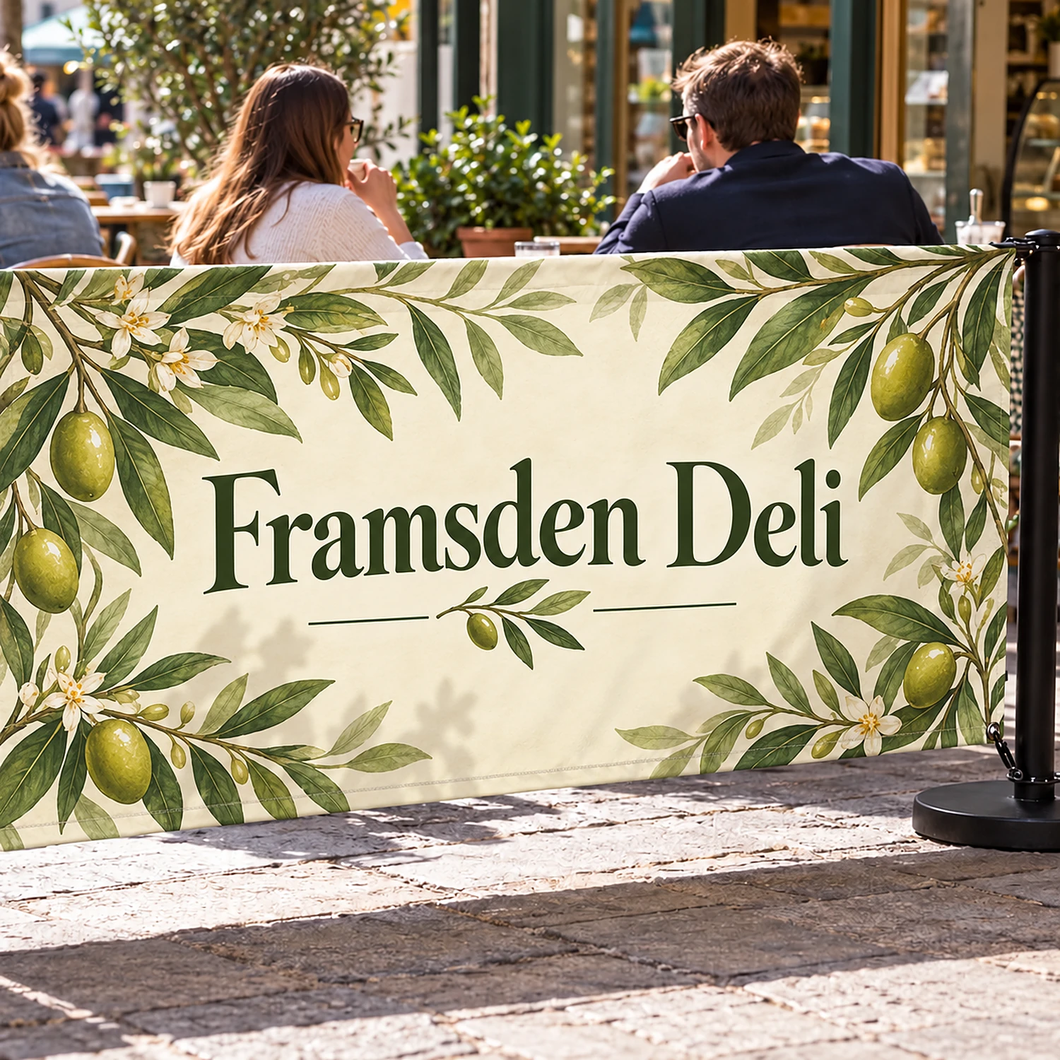 2m Economy Cafe Barrier Extension Kit with Fabric Banner - Single-Sided, shown with example artwork