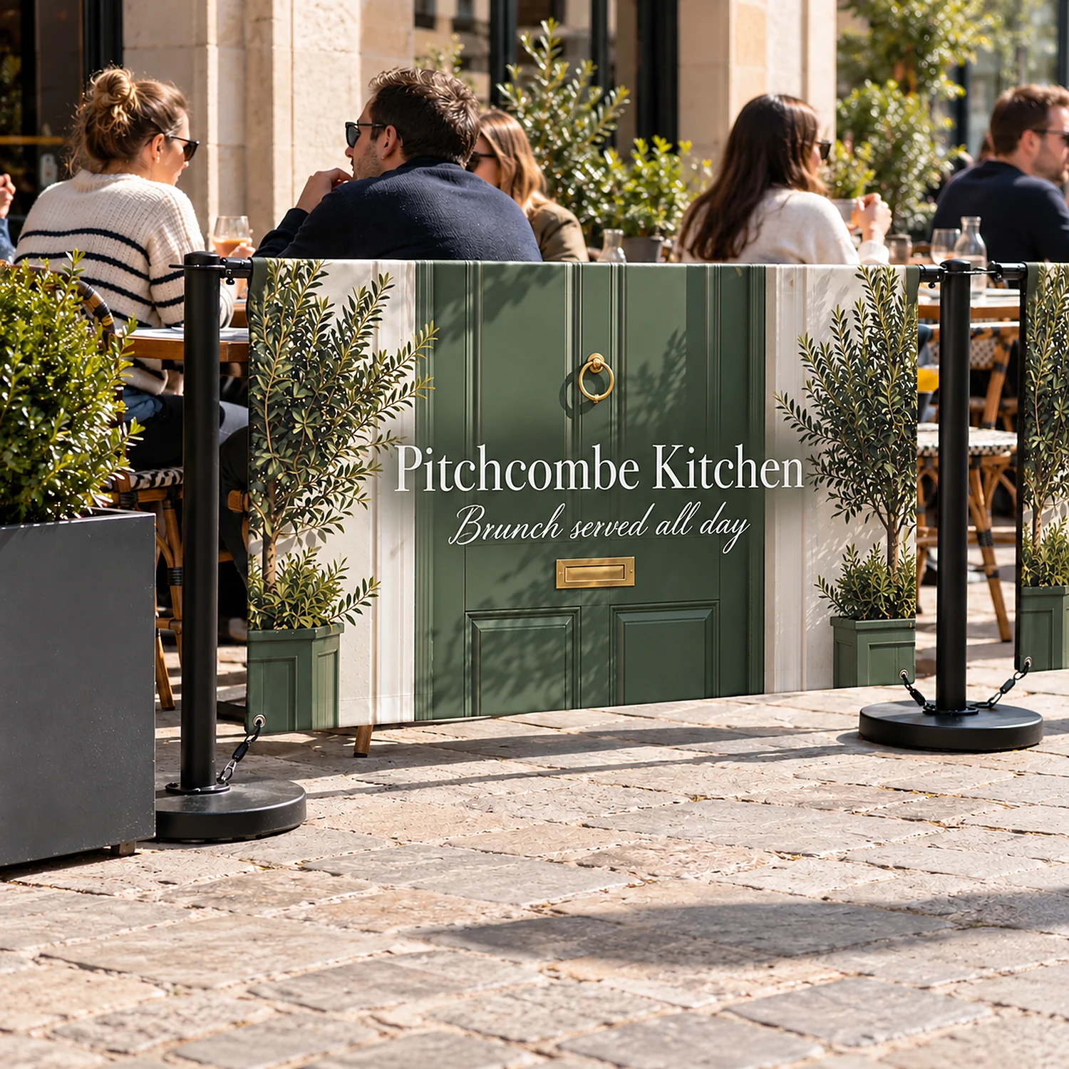2m Economy Cafe Barrier Kit with Fabric Banner - Double-Sided, shown with example artwork