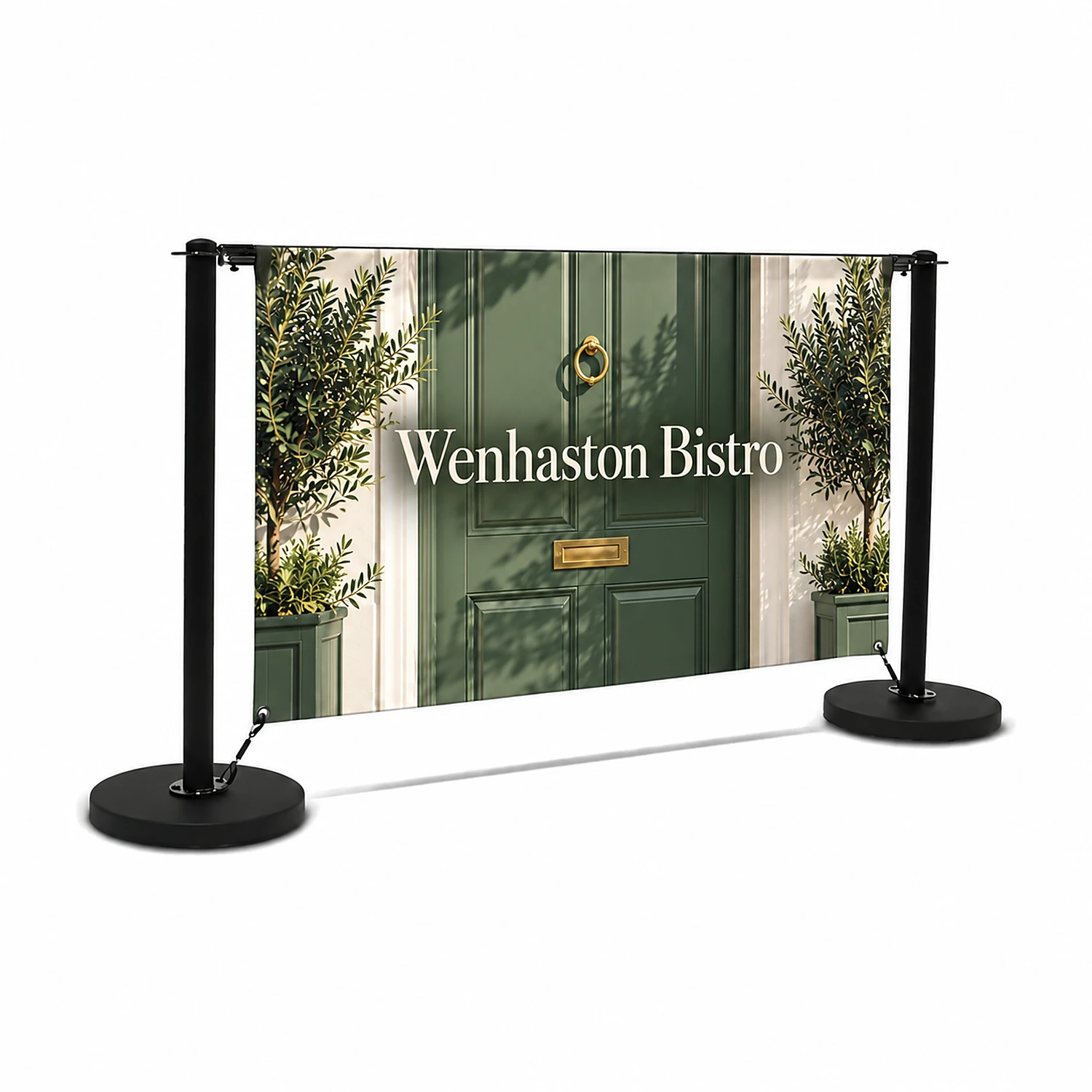 2m Economy Cafe Barrier Kit with Fabric Banner - Double-Sided, shown with example artwork
