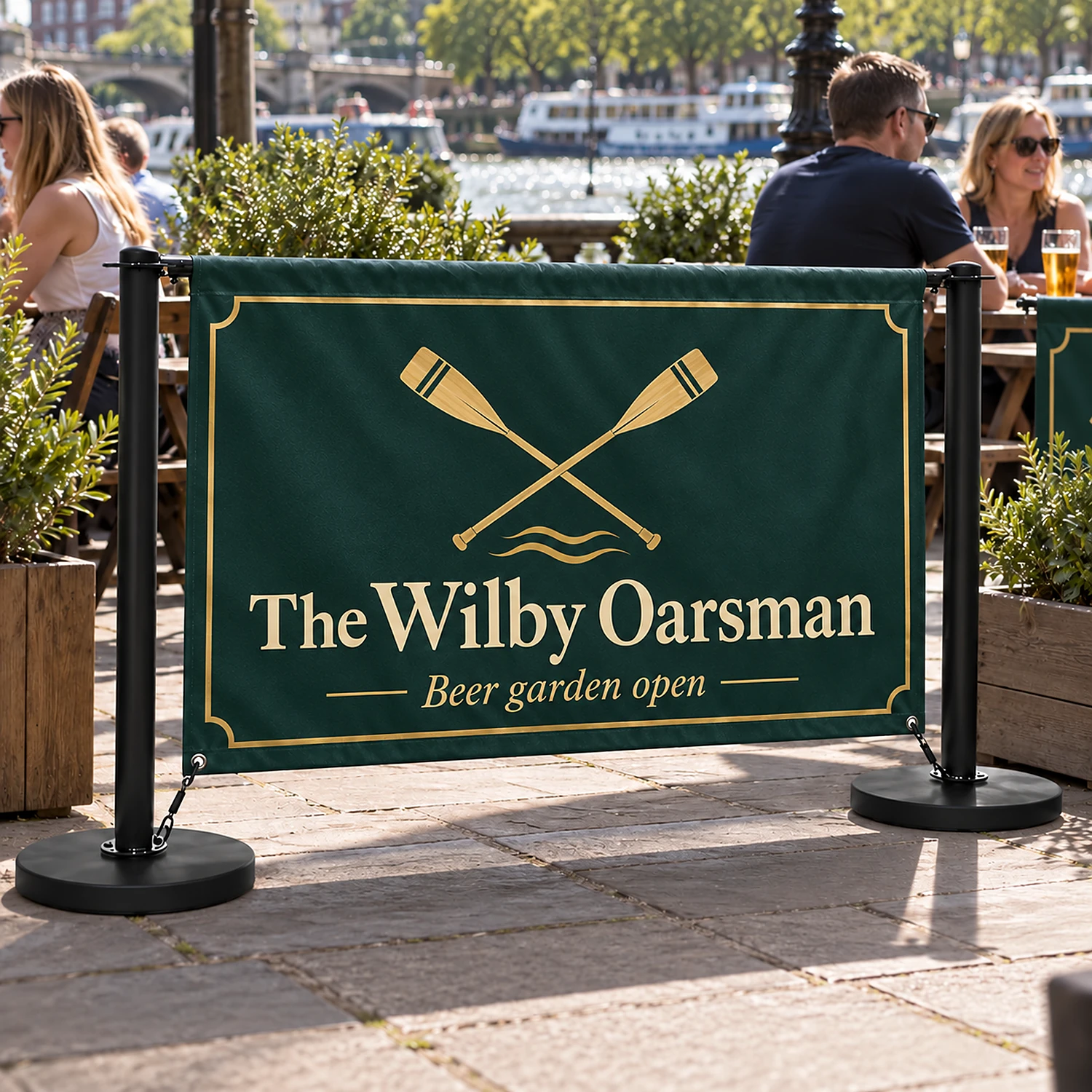 2m Economy Cafe Barrier Kit with Fabric Banner - Single-Sided, shown with example artwork