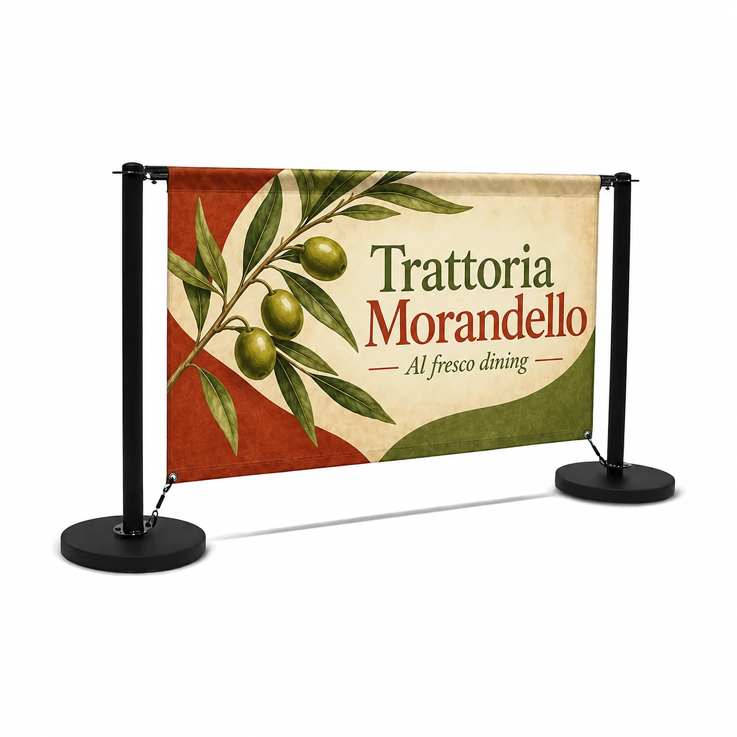 2m Economy Cafe Barrier Kit with Fabric Banner - Single-Sided, shown with example artwork