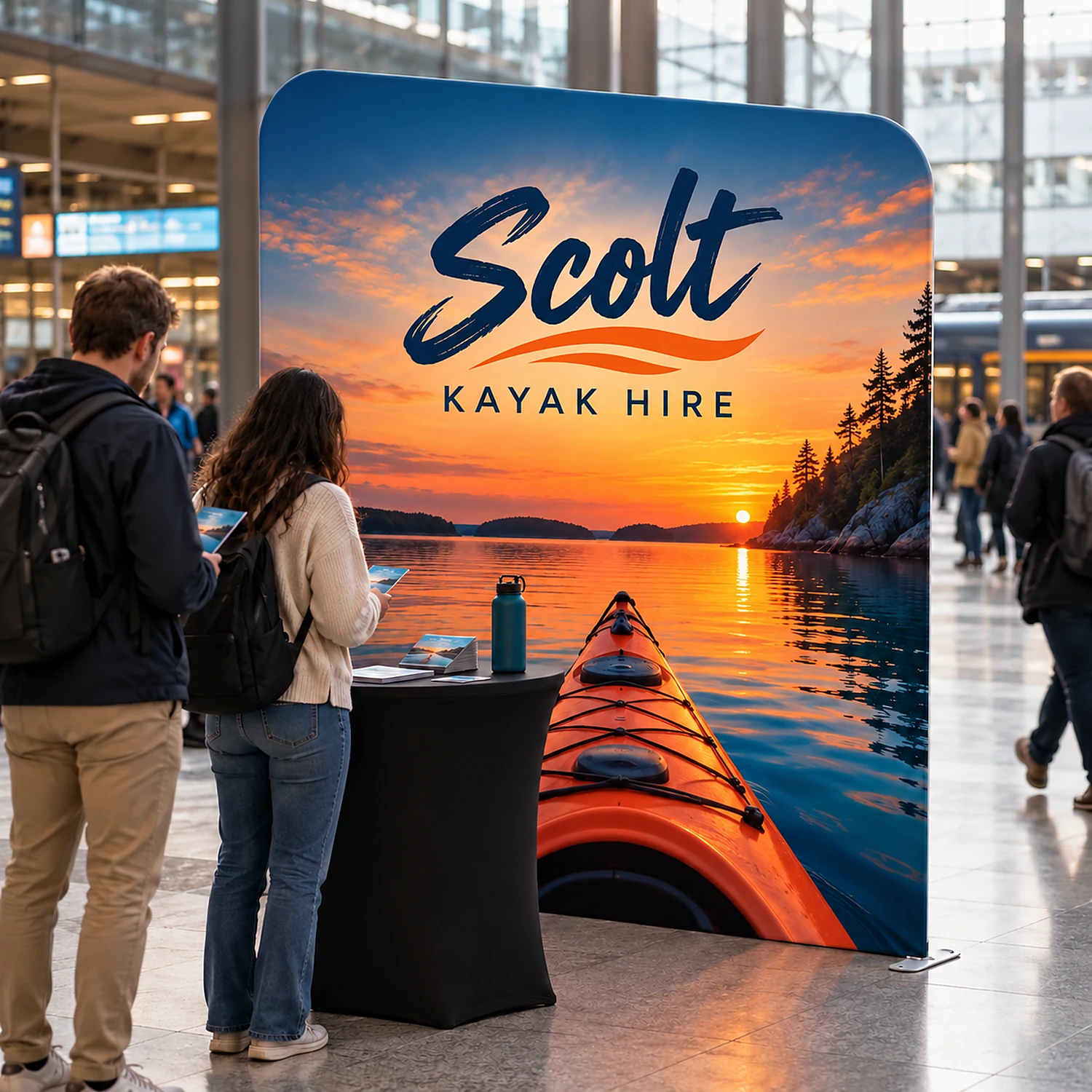 2m Straight Stretch Fabric Display Wall - Double-Sided, shown with example artwork