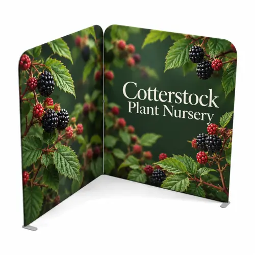 2m x 2m Stretch Fabric Wall Set - Back Wall and One Side Wall, shown with example artwork