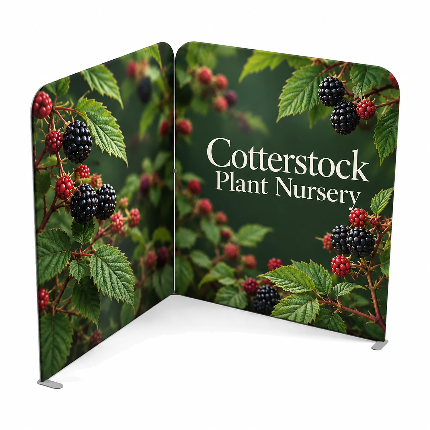 2m x 2m Stretch Fabric Wall Set - Back Wall and One Side Wall, shown with example artwork