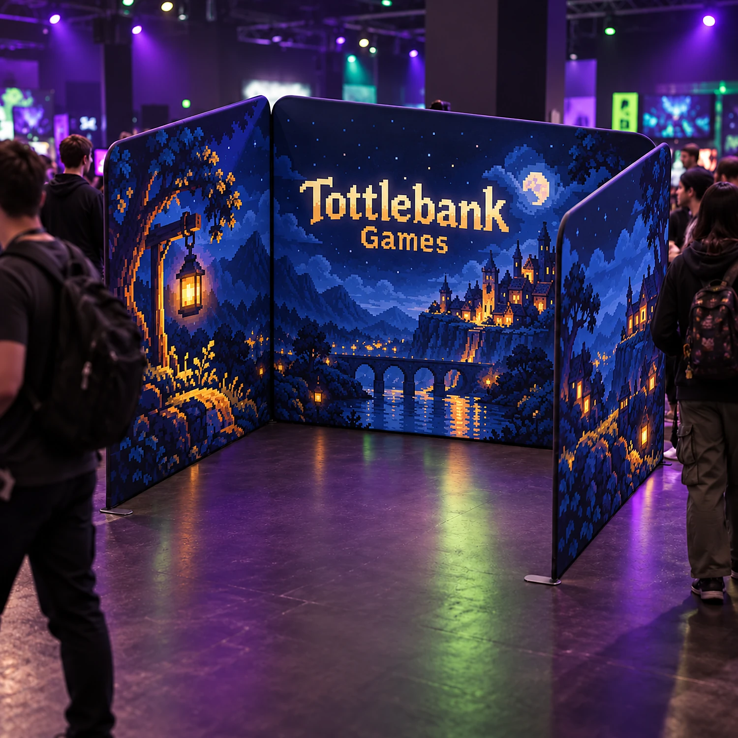 2m x 2m Stretch Fabric Wall Set - Back Wall and Two Side Walls, shown with example artwork