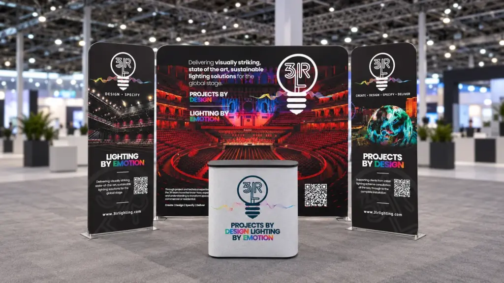 Visualisation of 3LR Lighting's 2.4m soft-touch wall, two banner towers and counter with the artwork that was printed
