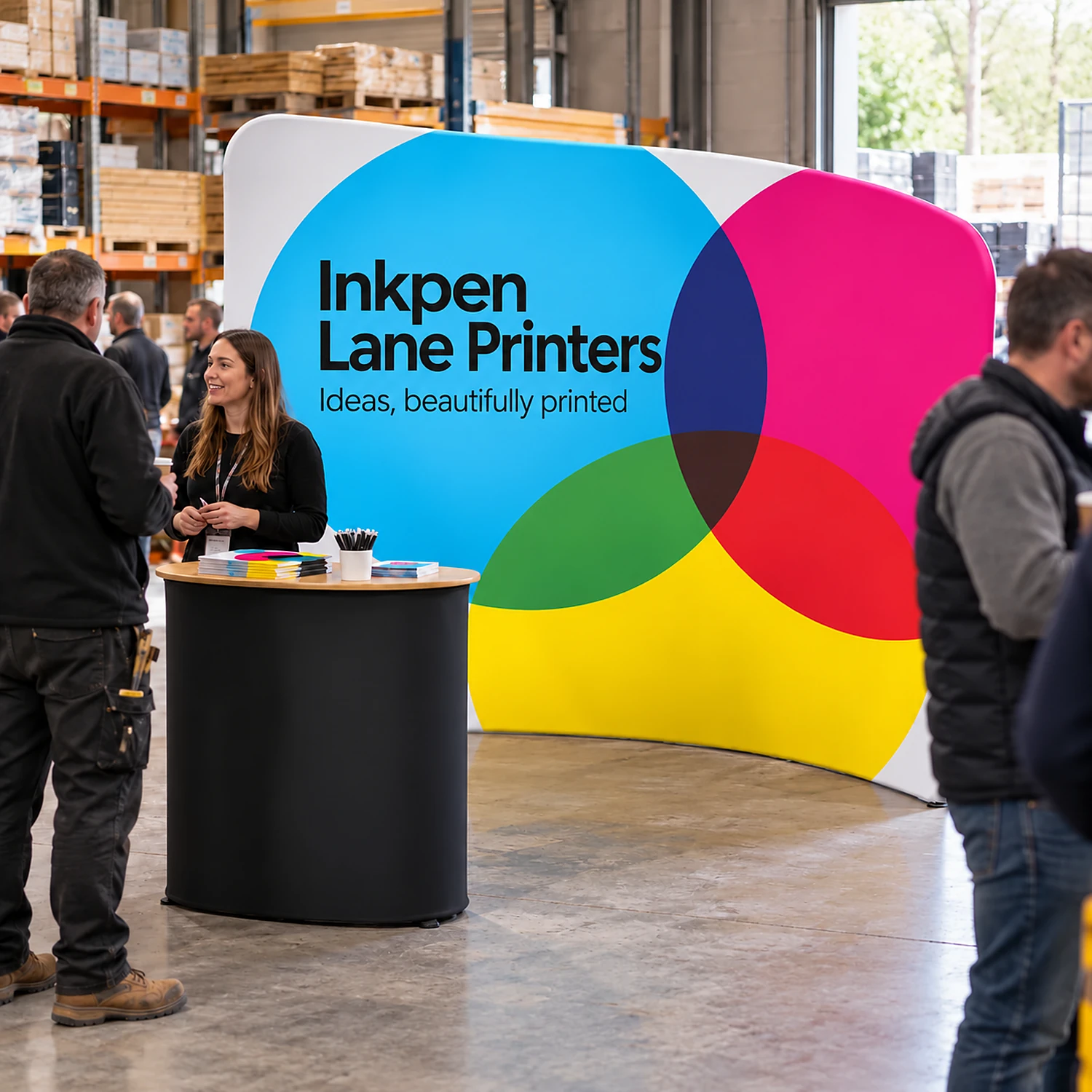 3m Curved Stretch Fabric Display Wall - Double-Sided, shown with example artwork