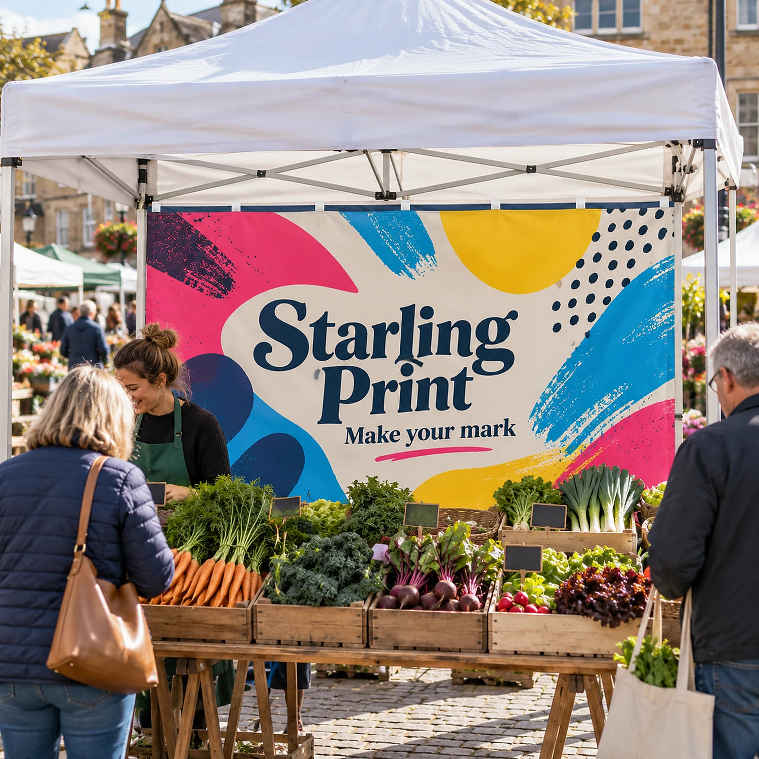Printed full gazebo wall at a farmers' market stall