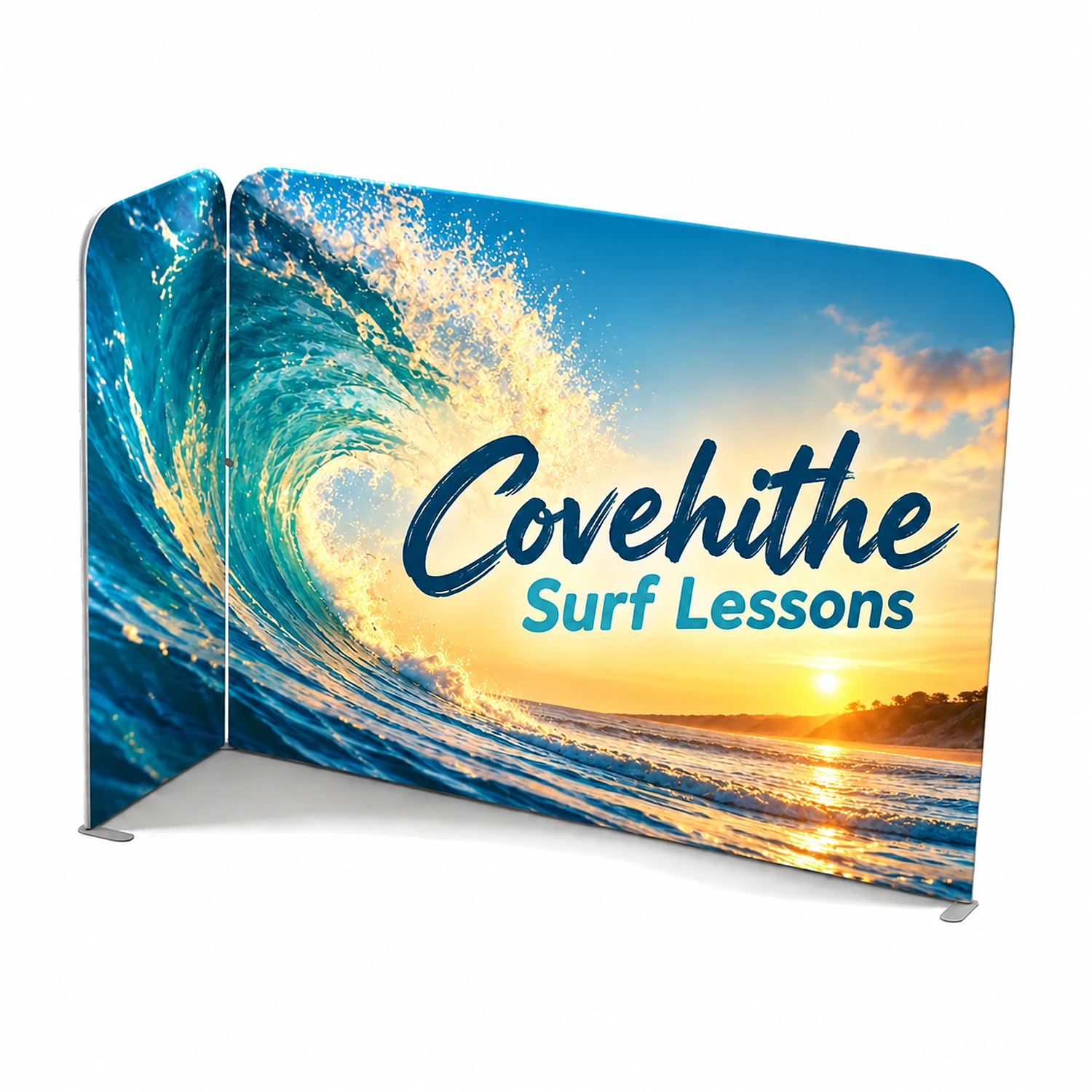 3m x 1m Stretch Fabric Wall Set - Back Wall and One Side Wall, shown with example artwork