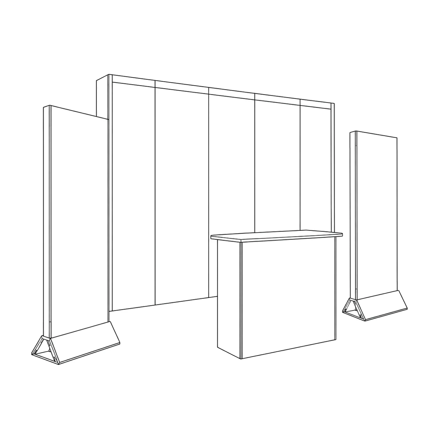 Line drawing of the 3m x 2m Cardboard Exhibition Stand Kit - 2.67m Wall, Counter & Two Banner Stands showing its panels and construction