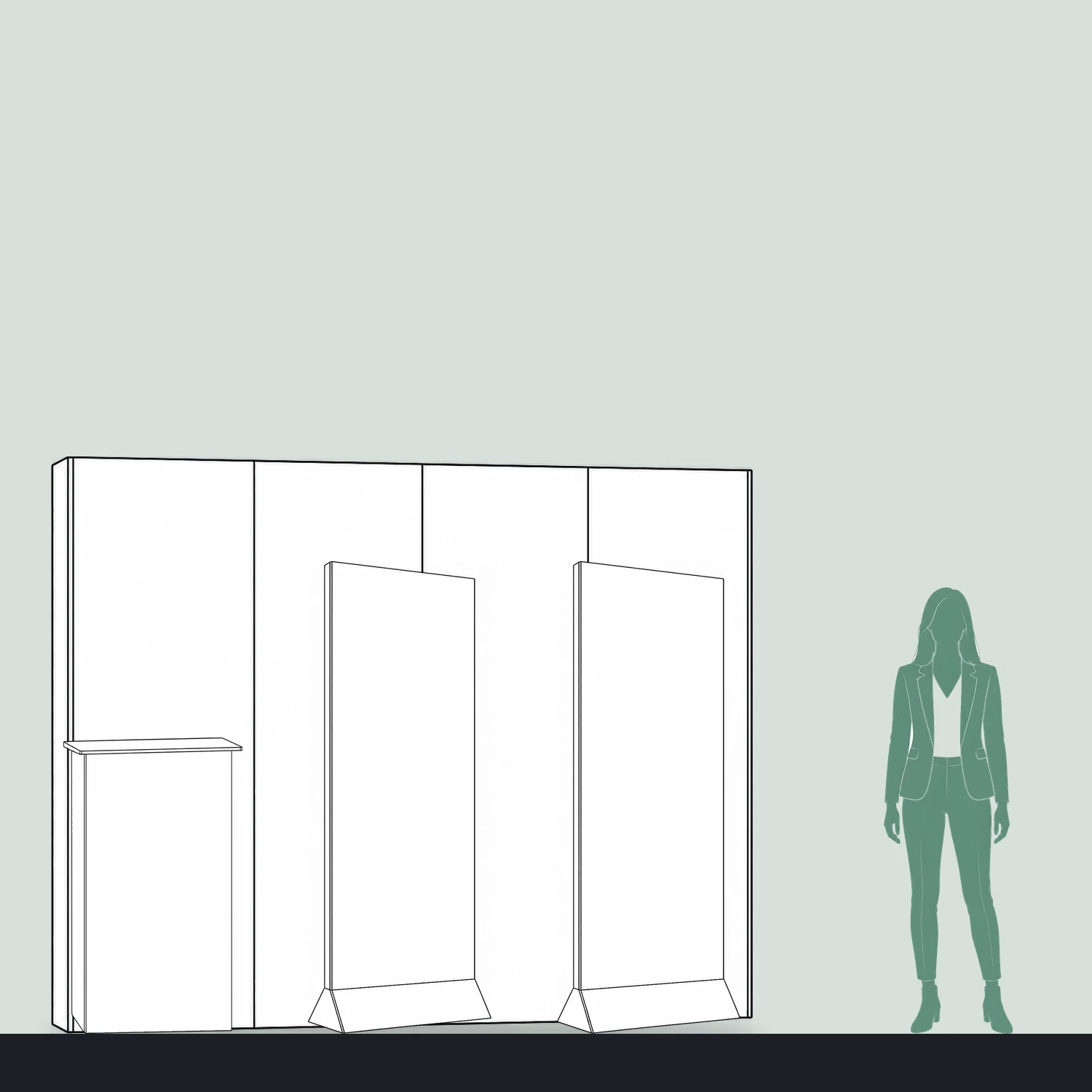3m x 2m Cardboard Exhibition Stand Kit - 2.67m Wall, Counter & Two Banner Stands shown to scale next to a 1.7m tall person