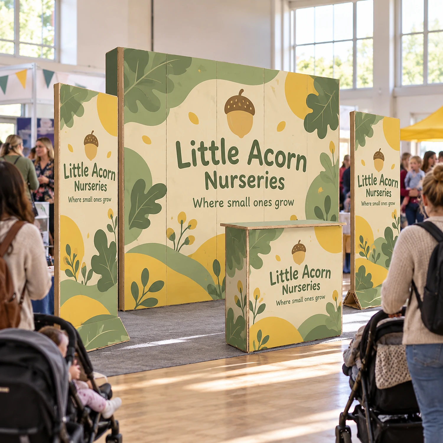 3m x 2m Cardboard Exhibition Stand Kit with an example design, in use at a family and parenting show in a bright community events hall