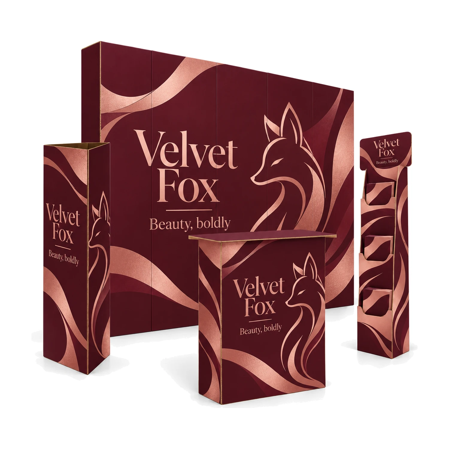 3m x 3m Cardboard Exhibition Stand Kit - 2.67m Wall, Counter, Triangle Totem & Literature Dispenser with example design