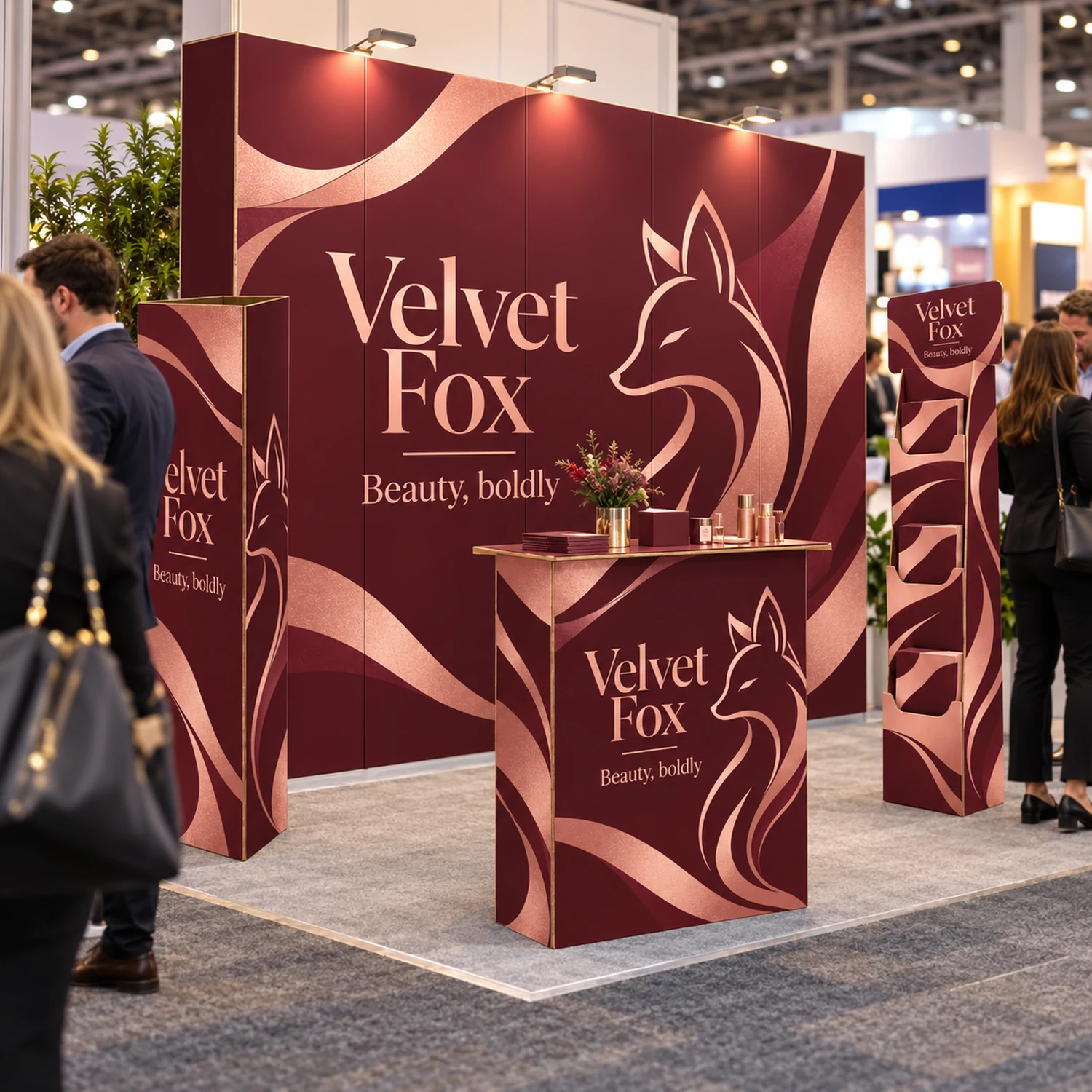 3m x 3m Cardboard Exhibition Stand Kit - 2.67m Wall, Counter, Triangle Totem & Literature Dispenser in use at a trade show, shown with an example design