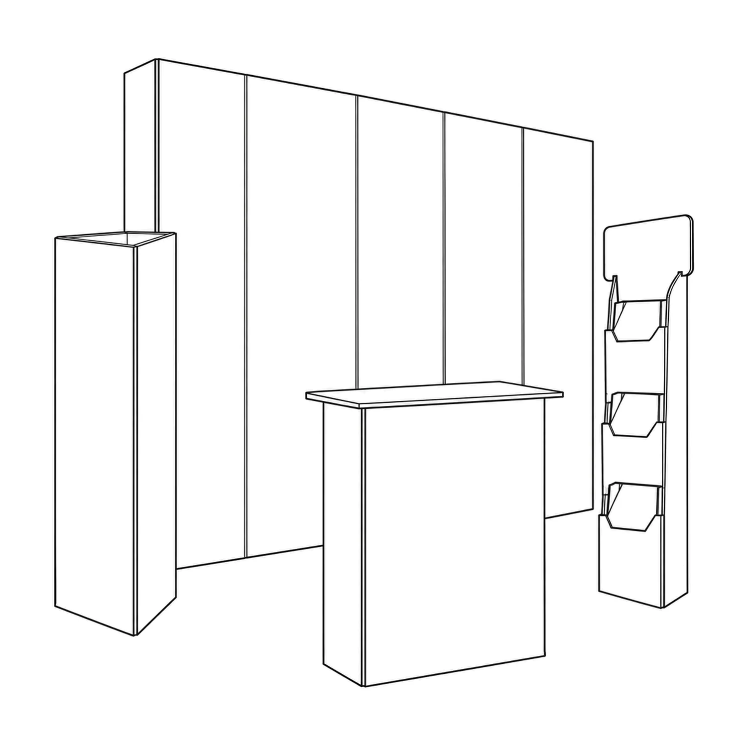 Line drawing of the 3m x 3m Cardboard Exhibition Stand Kit - 2.67m Wall, Counter, Triangle Totem & Literature Dispenser showing its panels and construction