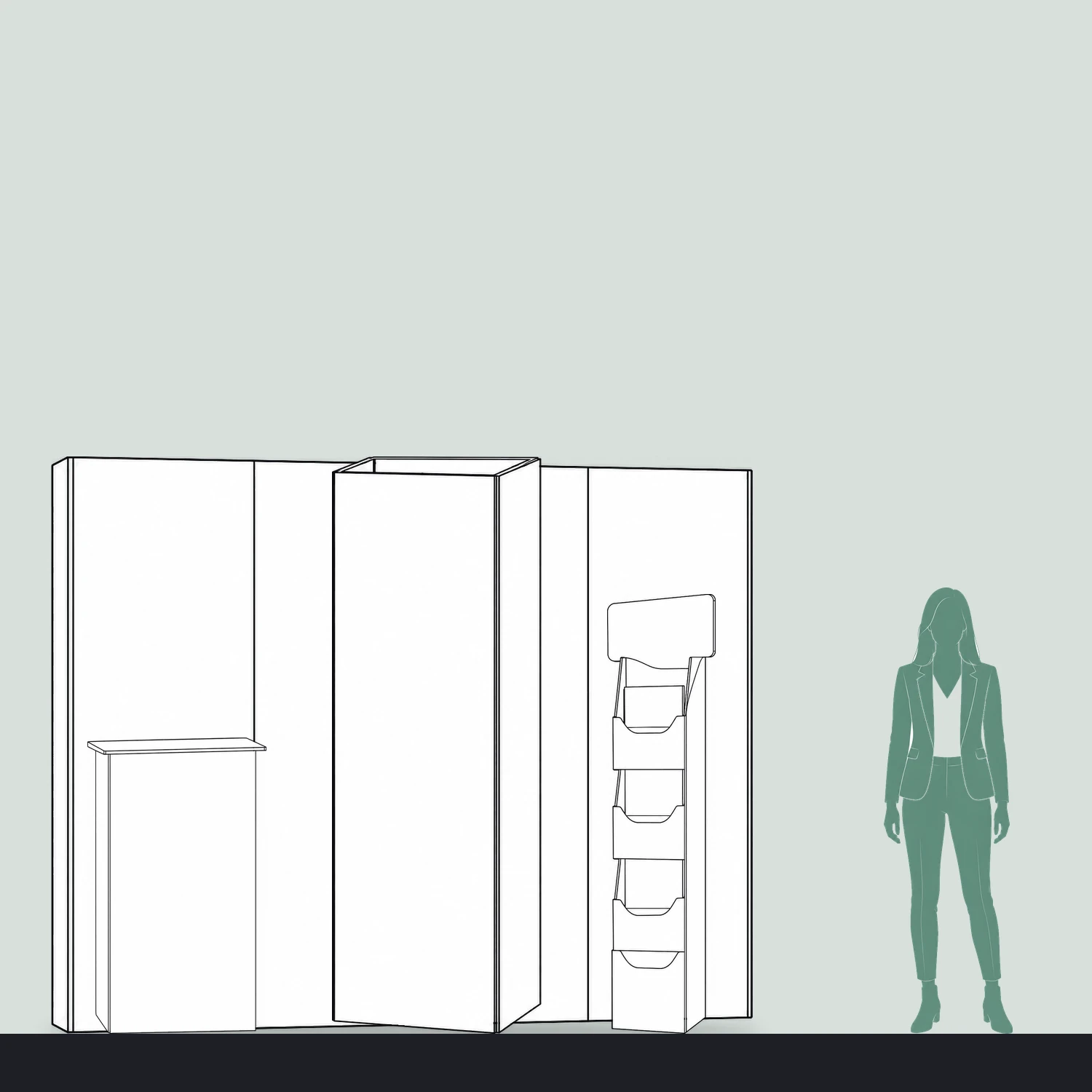 3m x 3m Cardboard Exhibition Stand Kit - 2.67m Wall, Counter, Triangle Totem & Literature Dispenser shown to scale next to a 1.7m tall person