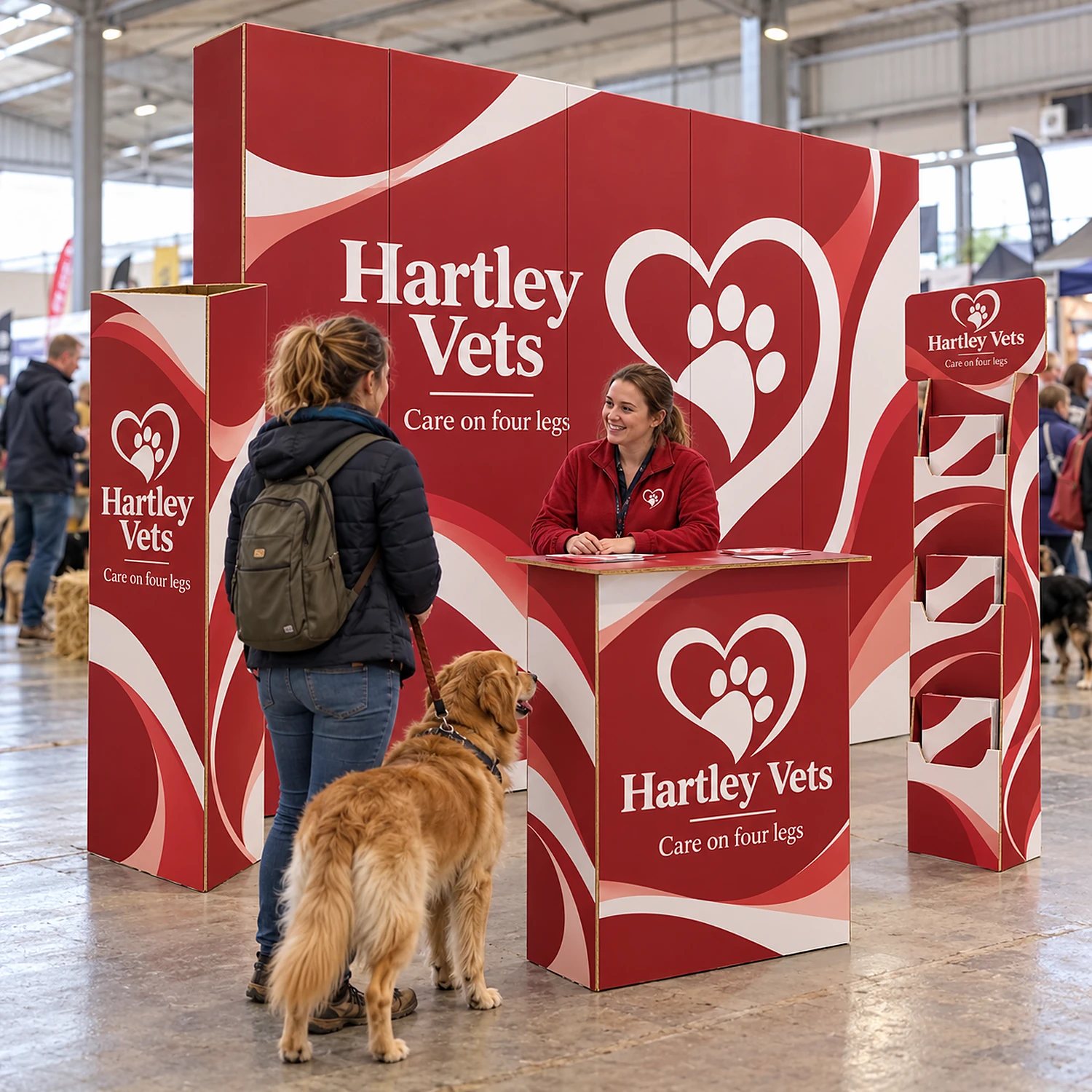 3m x 3m Cardboard Exhibition Stand Kit with an example design, in use at a pet and animal care show in a county showground indoor hall