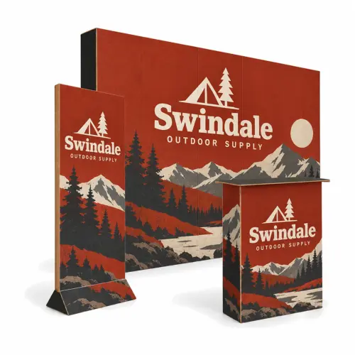 3m x 3m Cardboard Exhibition Stand Starter Kit - 2.67m Wall, Counter & Banner Stand, shown with example artwork