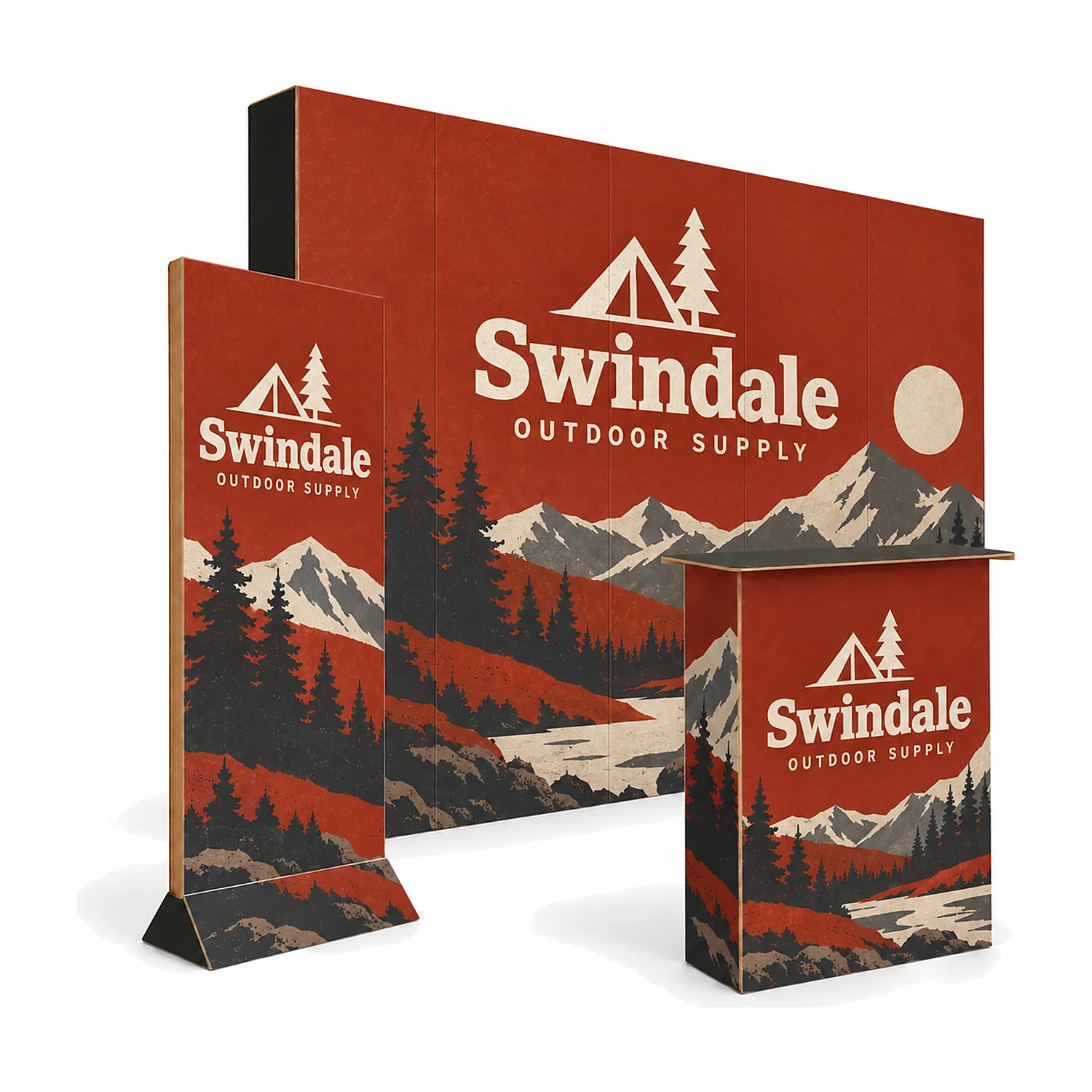 3m x 3m Cardboard Exhibition Stand Starter Kit - 2.67m Wall, Counter & Banner Stand, shown with example artwork