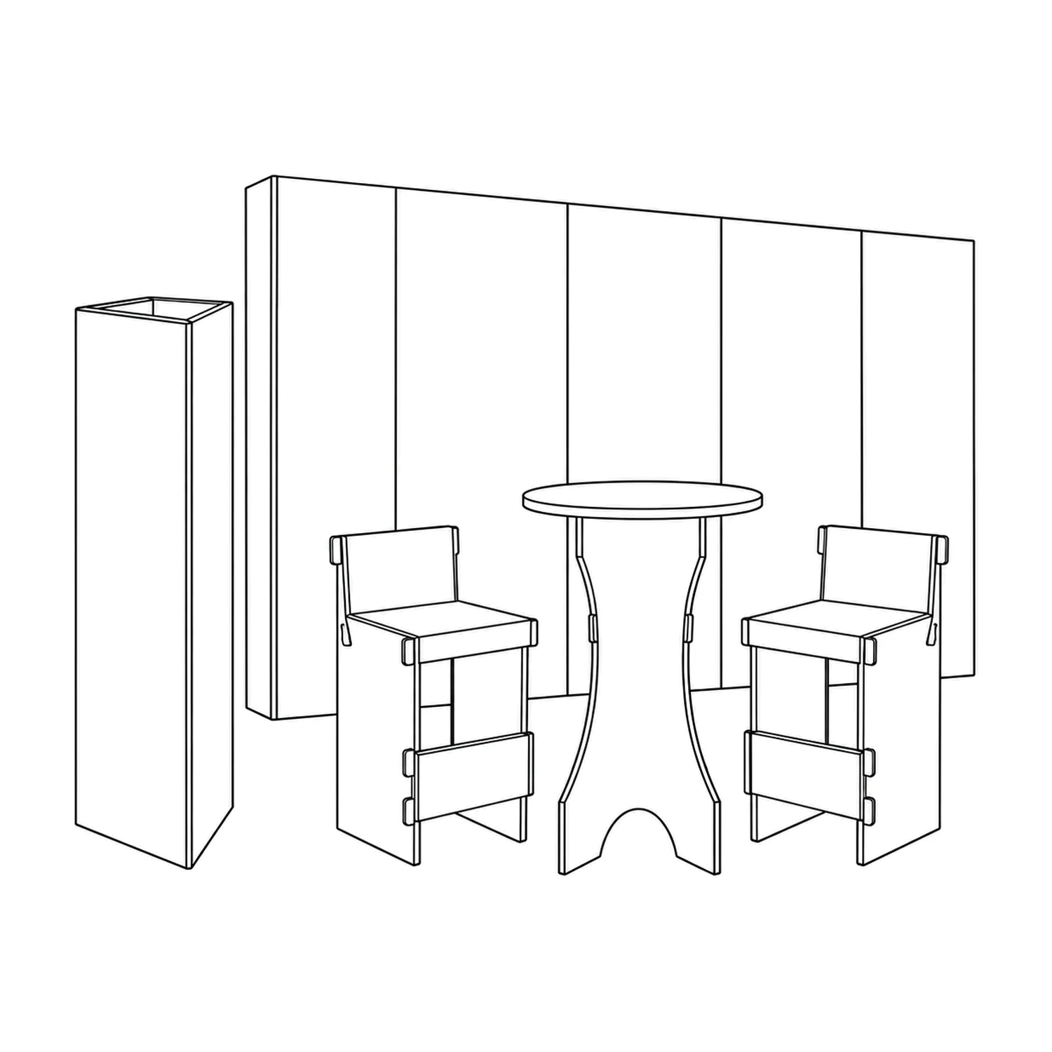 Line drawing of the 3m x 3m Cardboard Networking Stand Kit - 2.67m Wall, Poseur Table, Two Bar Stools & Triangle Totem showing its panels and construction