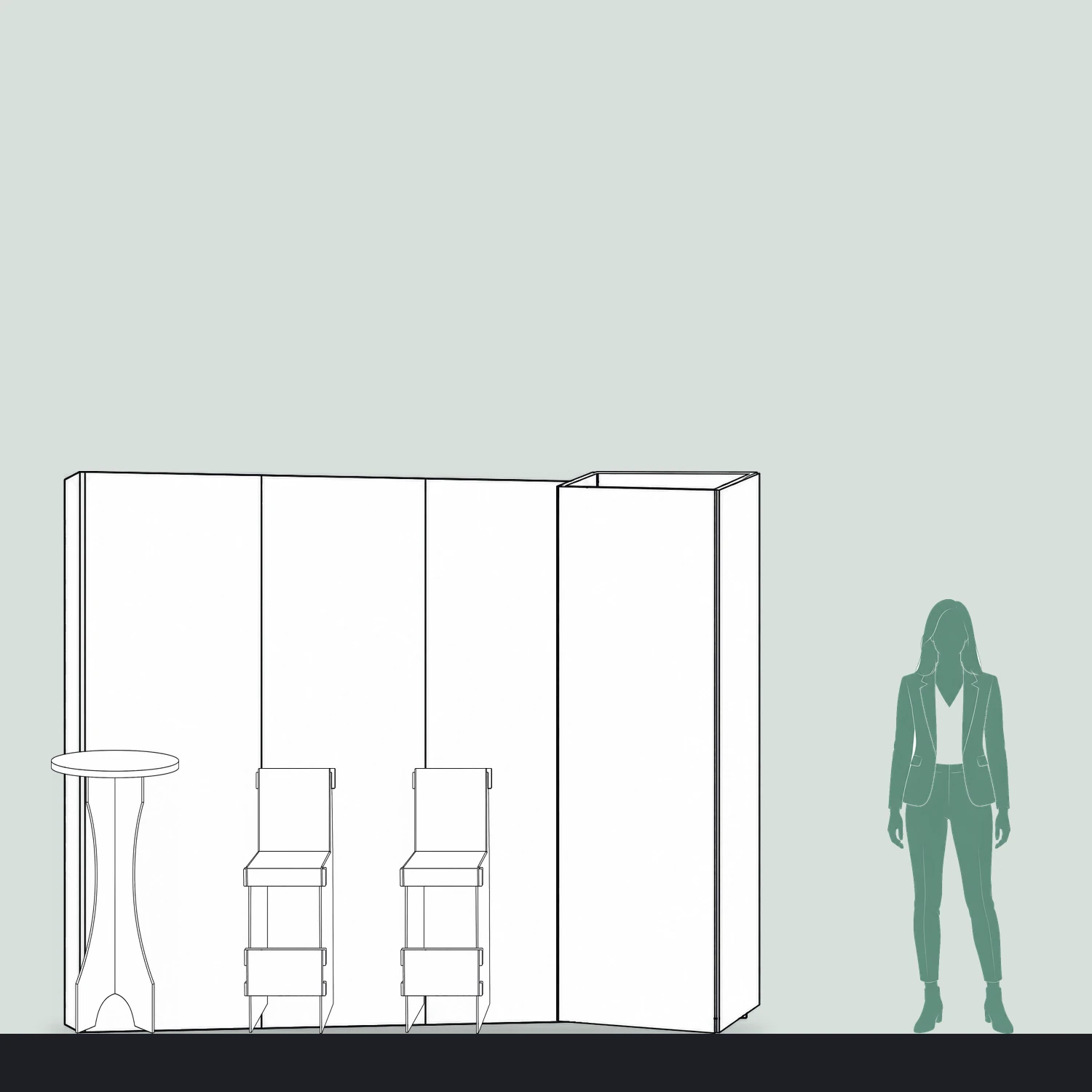 3m x 3m Cardboard Networking Stand Kit - 2.67m Wall, Poseur Table, Two Bar Stools & Triangle Totem shown to scale next to a 1.7m tall person