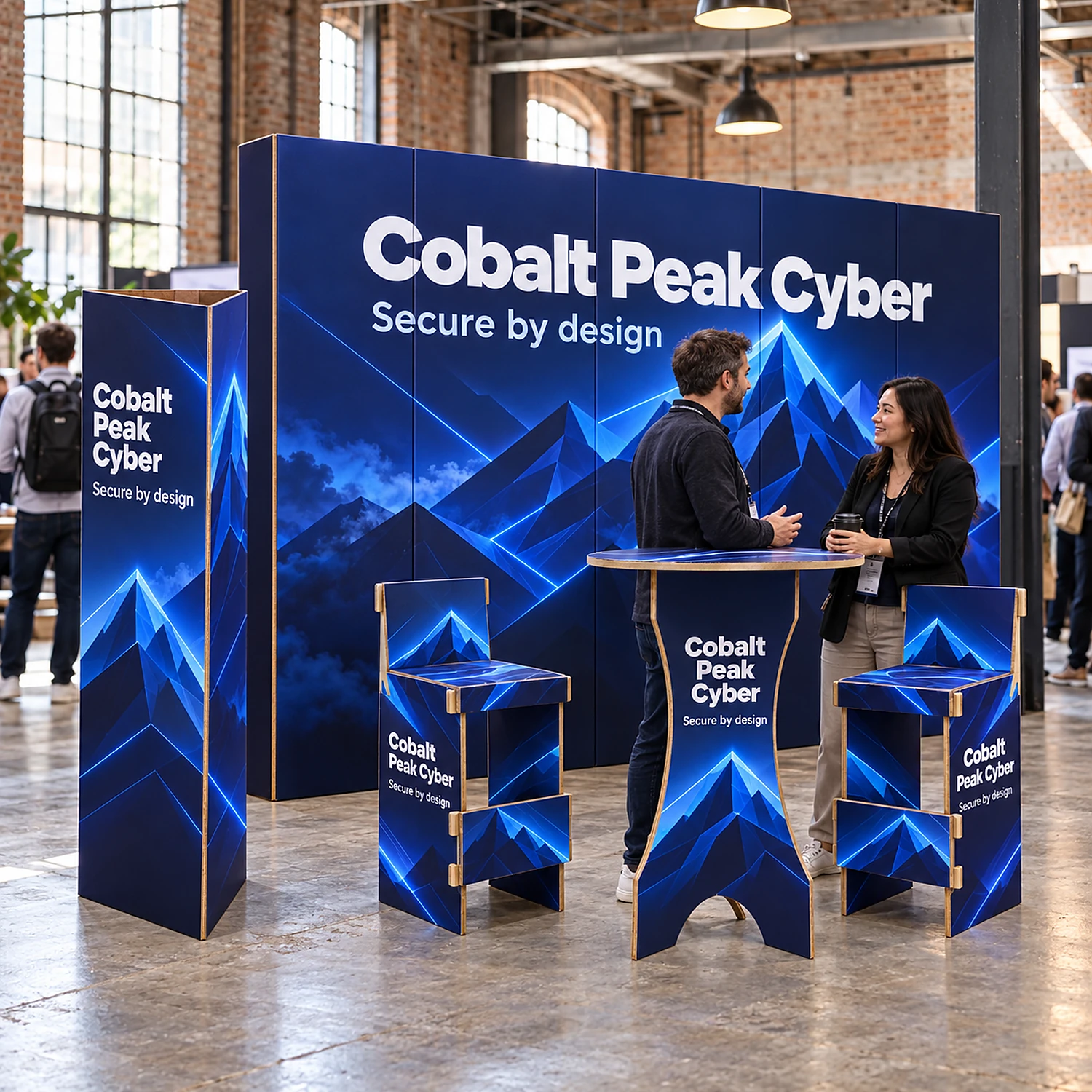3m x 3m Cardboard Networking Stand Kit with an example design, in use at a tech conference exhibition area in a converted warehouse venue with exposed brick and industrial lighting