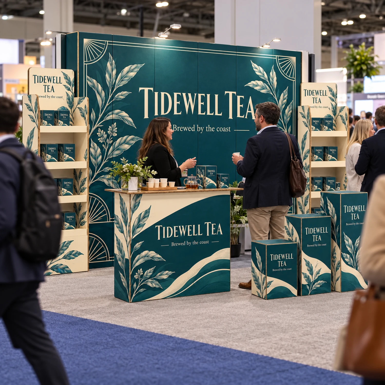 3m x 3m Cardboard Product Showcase Stand Kit - 2.67m Wall, Counter, Two Product Display Units & Three Plinths in use at a trade show, shown with an example design