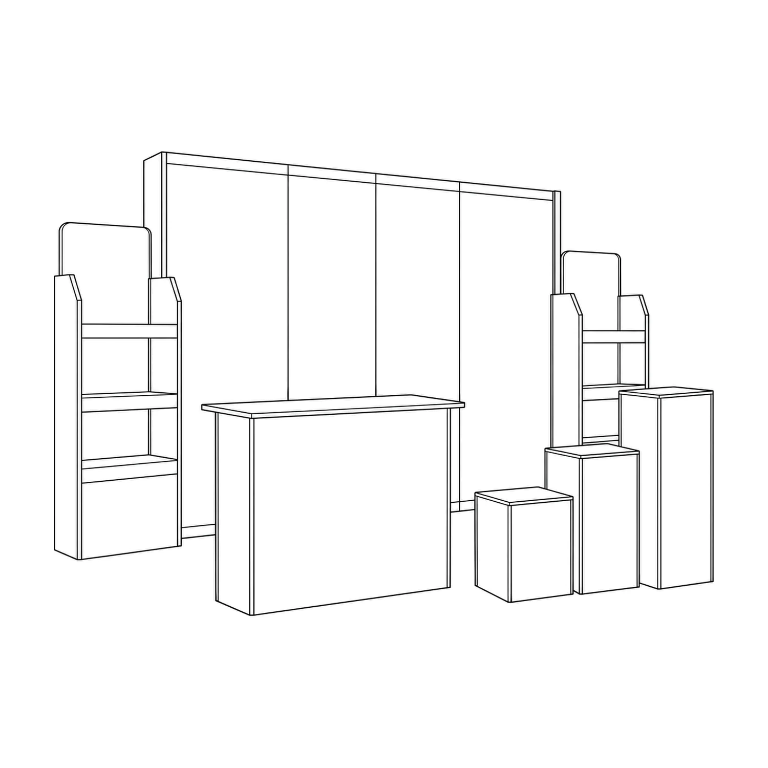 Line drawing of the 3m x 3m Cardboard Product Showcase Stand Kit - 2.67m Wall, Counter, Two Product Display Units & Three Plinths showing its panels and construction