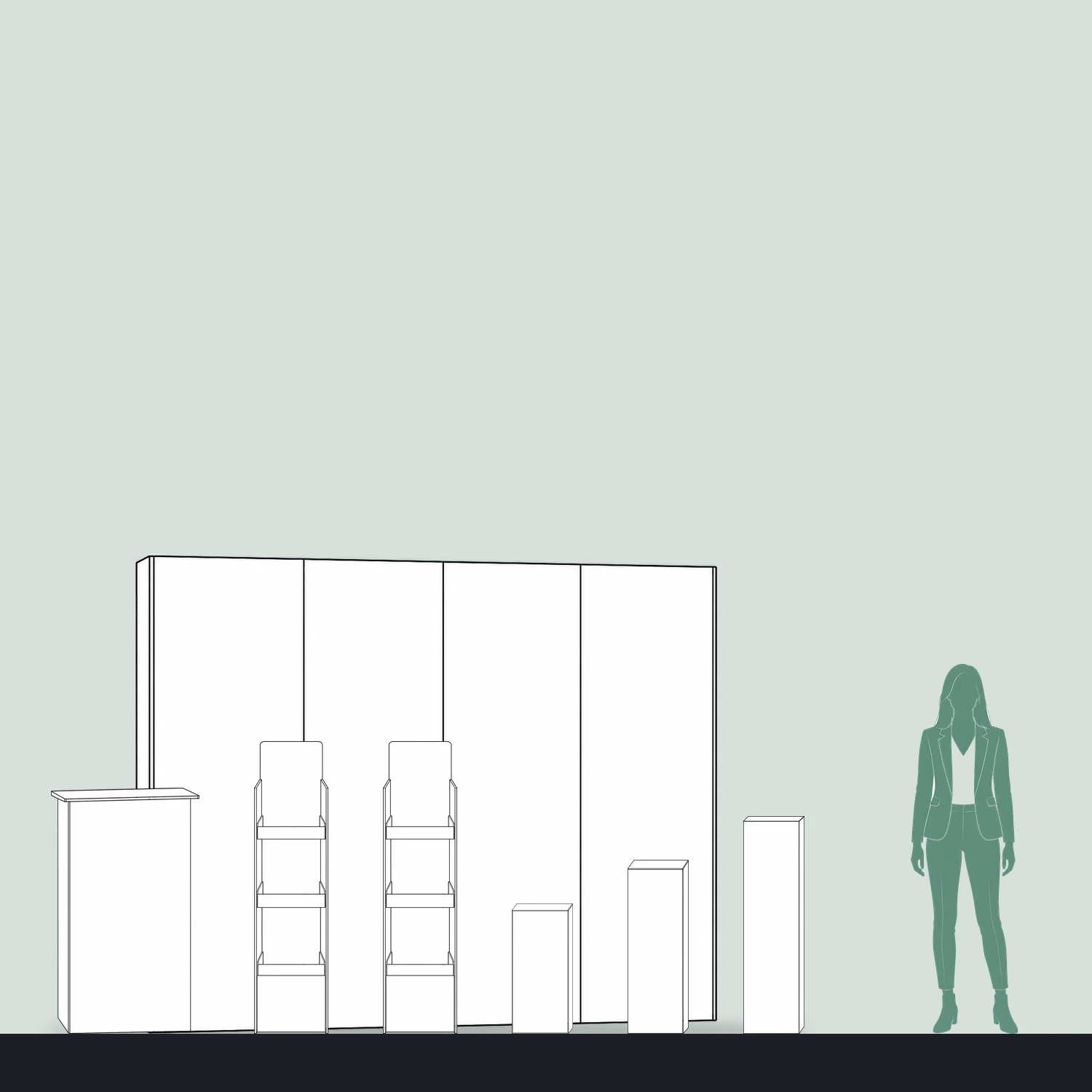 3m x 3m Cardboard Product Showcase Stand Kit - 2.67m Wall, Counter, Two Product Display Units & Three Plinths shown to scale next to a 1.7m tall person